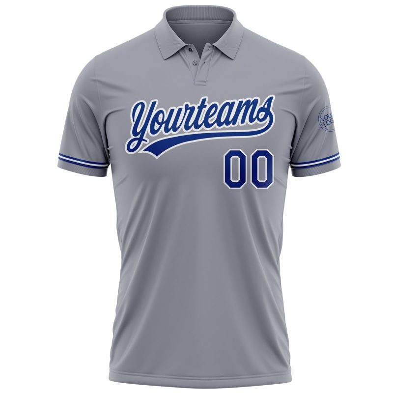 Custom Name and Number Gray White Performance Vapor Golf Polo Shirt - Personalized Team Apparel Personalized Gray Royal-White