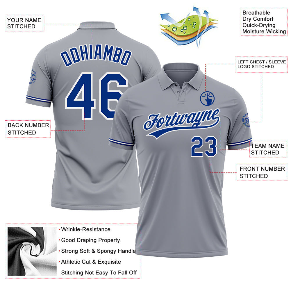 Personalized Gray Royal-White Performance Vapor Golf Polo Shirt Team Custom Name and Number Custom Name and Number Gray White Performance Vapor Golf Polo Shirt - Personalized Team Apparel Personalized Gray Royal-White - Image 3