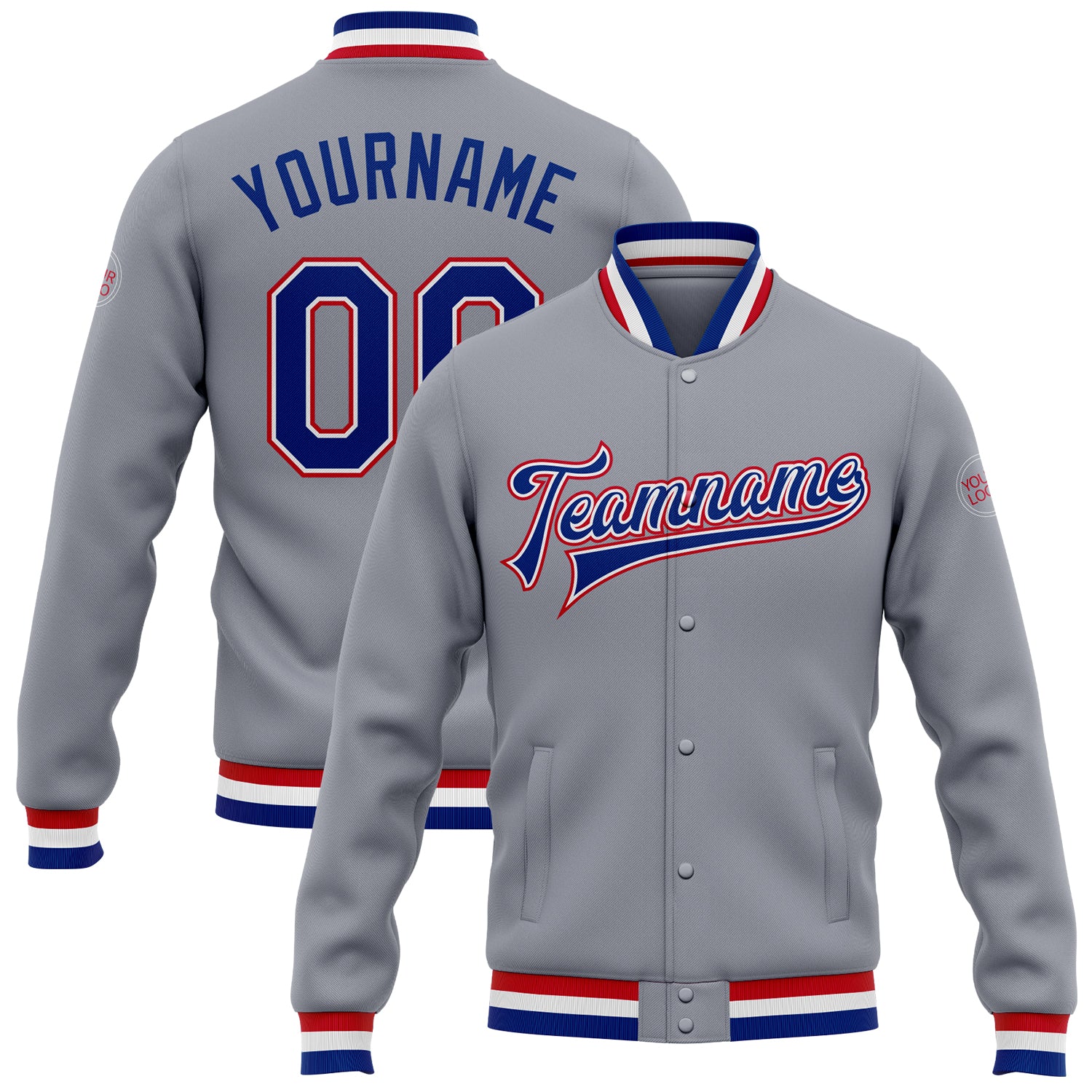 Custom Name and Number Gray Royal White-Red Varsity Bomber Full-Snap Letterman Jacket - Personalized Team Apparel Personalized
