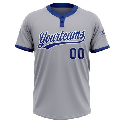 Custom Name and Number Unisex Softball Jersey - Personalized Gray Royal-White Two-Button Design Personalized Gray Royal-White