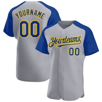 Personalized Baseball Jersey with Custom Name and Number, Gray Royal-Yellow Authentic Raglan Sleeves Personalized Gray Royal-Yellow