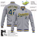 Custom Name Number Gray Yellow Bomber Varsity Letterman Jacket Personalized Full-Snap Team Apparel Personalized Gray Royal-Yellow