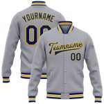 Custom Name Number Gray Yellow Bomber Varsity Letterman Jacket Personalized Full-Snap Team Apparel Personalized Gray Royal-Yellow