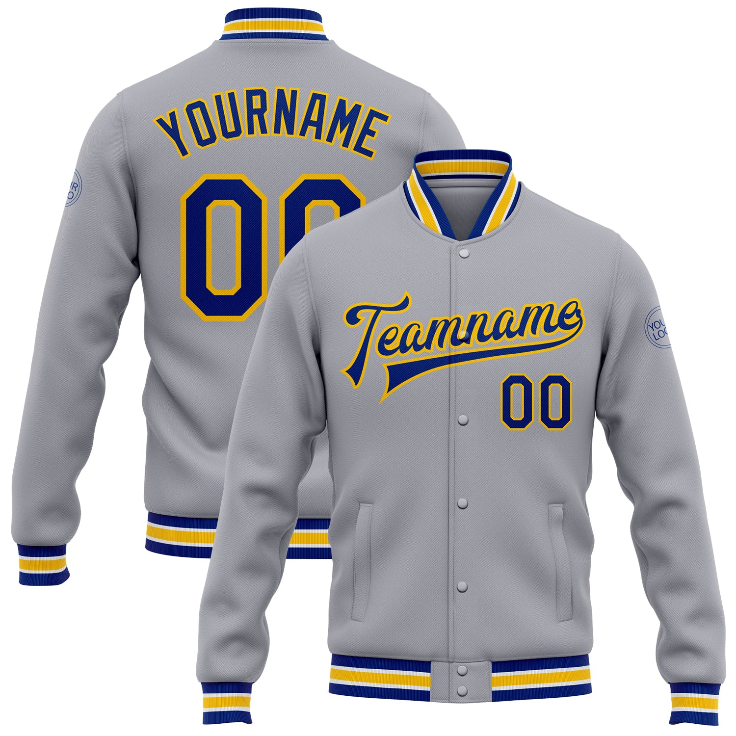 Custom Name Number Gray Yellow Bomber Varsity Letterman Jacket Personalized Full-Snap Team Apparel Personalized Gray Royal-Yellow