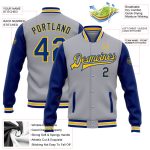 Custom Name and Number Varsity Letterman Bomber Jacket Gray Royal-Yellow Two Tone Full-Snap Personalized Gray Royal-Yellow