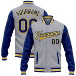 Custom Name and Number Varsity Letterman Bomber Jacket Gray Royal-Yellow Two Tone Full-Snap Personalized Gray Royal-Yellow