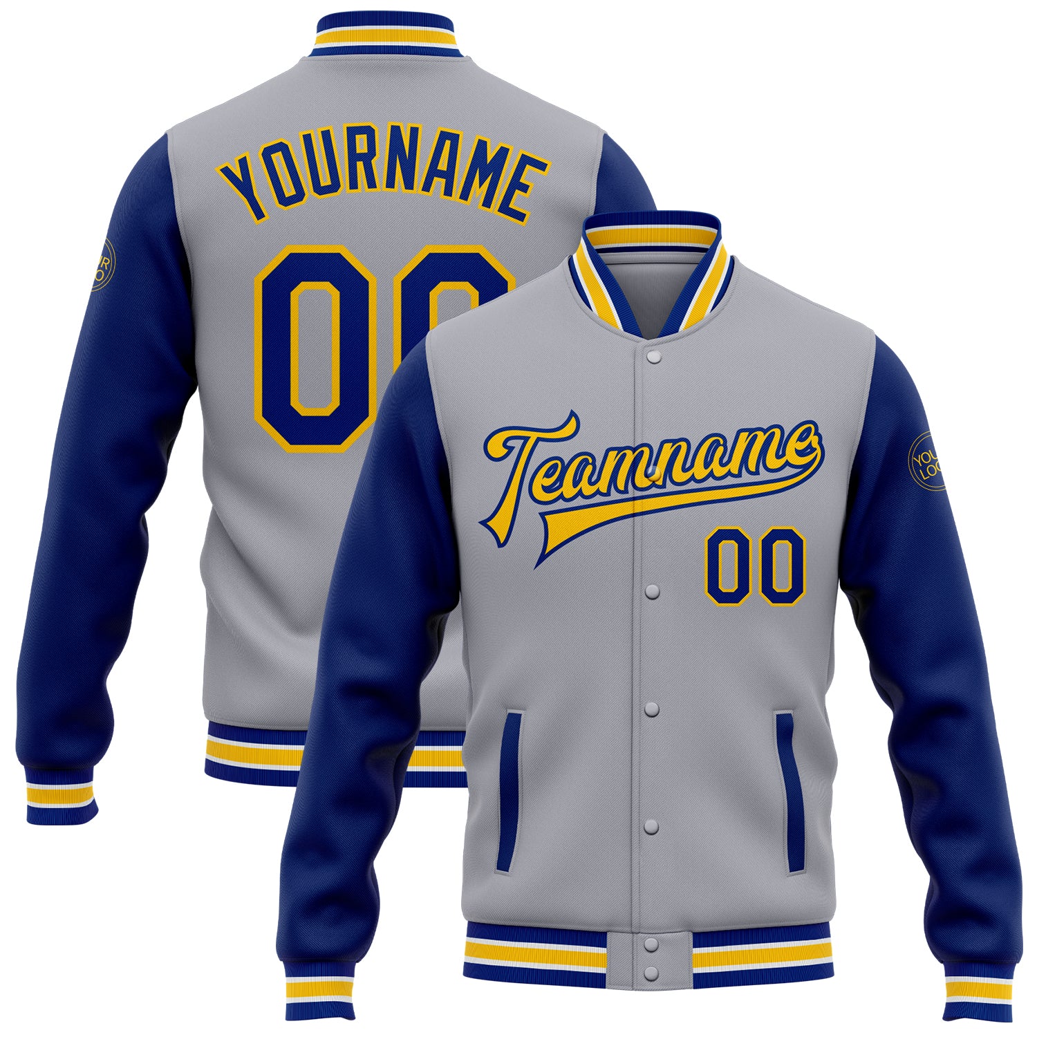 Custom Name and Number Varsity Letterman Bomber Jacket Gray Royal-Yellow Two Tone Full-Snap Personalized Gray Royal-Yellow