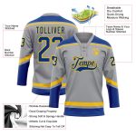 Personalized Hockey Jersey with Custom Name and Number, Gray Royal-Yellow Lace Neck Team Apparel Personalized Gray Royal-Yellow