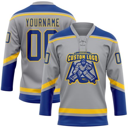 Personalized Hockey Jersey with Custom Name and Number, Gray Royal-Yellow Lace Neck Team Apparel Personalized Gray Royal-Yellow