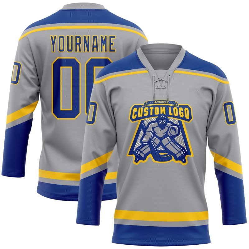Personalized Hockey Jersey with Custom Name and Number, Gray Royal-Yellow Lace Neck Team Apparel Personalized Gray Royal-Yellow