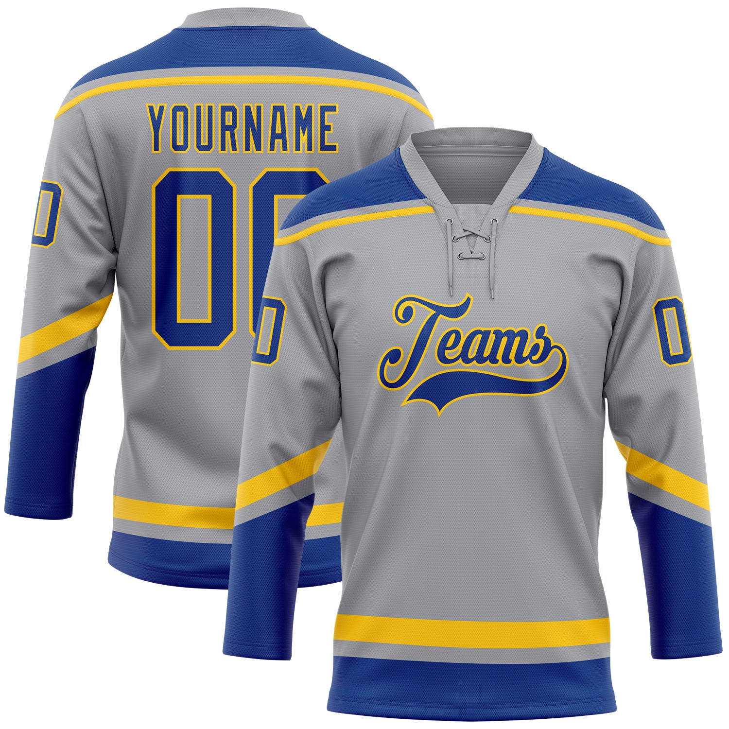 Personalized Hockey Jersey with Custom Name and Number, Gray Royal-Yellow Lace Neck Team Apparel Personalized Gray Royal-Yellow