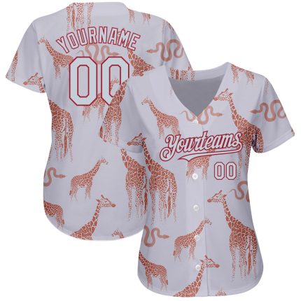 Custom Name and Number Authentic Baseball Jersey - Personalized 3D Gray Silver-Cardinal Giraffe and Snake Design Personalized