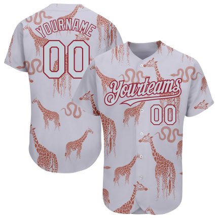 Custom Name and Number Authentic Baseball Jersey - Personalized 3D Gray Silver-Cardinal Giraffe and Snake Design Personalized