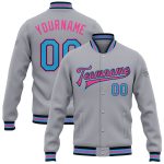 Custom Name Number Gray Sky Blue Pink Bomber Varsity Letterman Jacket Personalized Full-Snap Team Gift Personalized Gray