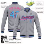 Custom Name Number Gray Sky Blue Pink Bomber Varsity Letterman Jacket Personalized Full-Snap Team Gift Personalized Gray