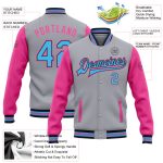 Personalized Gray Blue Black Pink Two Tone Varsity Letterman Bomber Jacket Personalized Gray Sky Blue Black-Pink Bomber Full-Snap