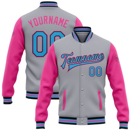 Personalized Gray Blue Black Pink Two Tone Varsity Letterman Bomber Jacket Personalized Gray Sky Blue Black-Pink Bomber Full-Snap