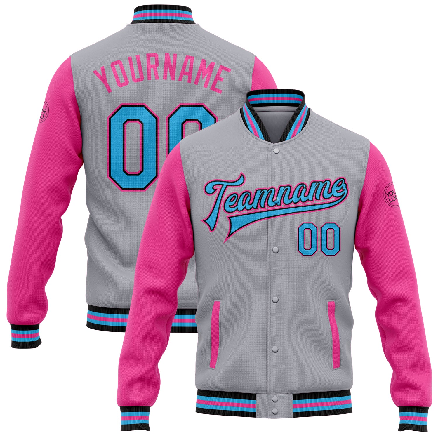 Personalized Gray Blue Black Pink Two Tone Varsity Letterman Bomber Jacket Personalized Gray Sky Blue Black-Pink Bomber Full-Snap