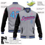 Custom Name and Number Two Tone Bomber Varsity Letterman Jacket Gray Sky Blue Black Pink Personalized Gray Sky Blue Black-Pink
