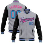 Custom Name and Number Two Tone Bomber Varsity Letterman Jacket Gray Sky Blue Black Pink Personalized Gray Sky Blue Black-Pink