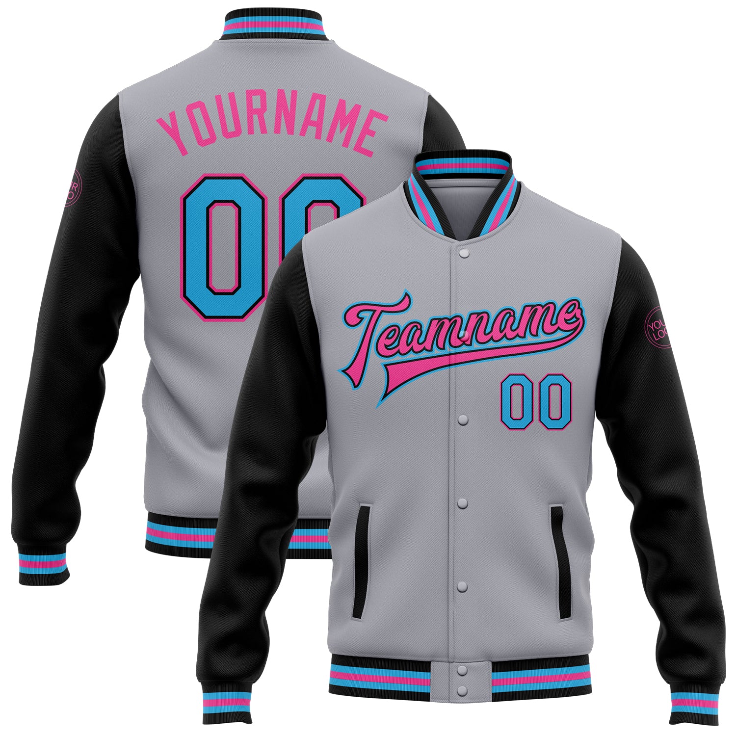 Custom Name and Number Two Tone Bomber Varsity Letterman Jacket Gray Sky Blue Black Pink Personalized Gray Sky Blue Black-Pink