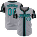 Custom Name and Number Authentic Baseball Jersey in Gray Teal Black - Personalized Team Jersey with 3 Color Arm Shapes Personalized