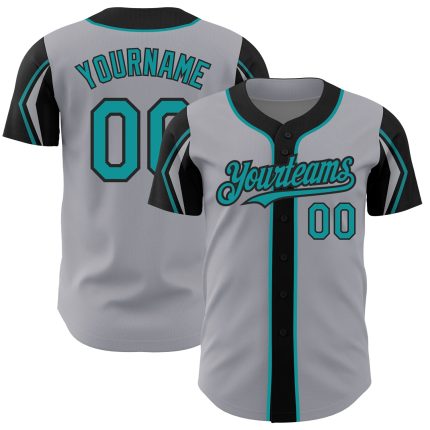 Custom Name and Number Authentic Baseball Jersey in Gray Teal Black - Personalized Team Jersey with 3 Color Arm Shapes Personalized
