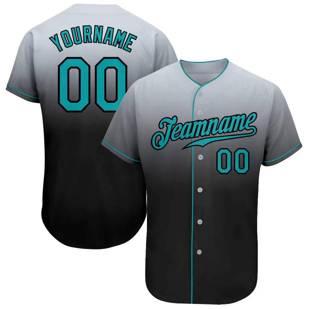 Custom Name and Number Baseball Jersey in Gray Teal-Black - Authentic Fade Fashion Team Style Personalized Gray Teal-Black