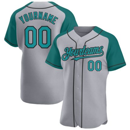 Custom Name and Number Personalized Baseball Jersey Gray Teal Black Authentic Raglan Sleeves Personalized Gray Teal-Black