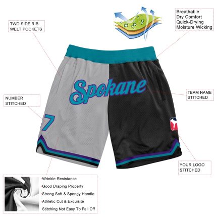Custom Name and Number Basketball Shorts - Personalized Gray Teal-Black Authentic Throwback Split Fashion Style Personalized