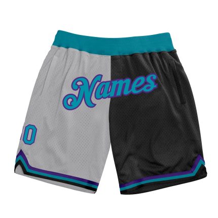 Custom Name and Number Basketball Shorts - Personalized Gray Teal-Black Authentic Throwback Split Fashion Style Personalized