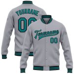 Custom Personalized Varsity Bomber Jacket Gray Teal Black with Name and Number - Full-Snap Letterman Style Personalized Gray