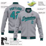 Custom Personalized Varsity Bomber Jacket Gray Teal Black with Name and Number - Full-Snap Letterman Style Personalized Gray