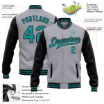 Custom Two Tone Bomber Jacket with Name and Number - Personalized Gray Teal-Black Varsity Full-Snap Letterman Jacket Personalized