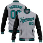 Custom Two Tone Bomber Jacket with Name and Number - Personalized Gray Teal-Black Varsity Full-Snap Letterman Jacket Personalized