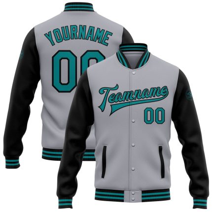 Custom Two Tone Bomber Jacket with Name and Number - Personalized Gray Teal-Black Varsity Full-Snap Letterman Jacket Personalized
