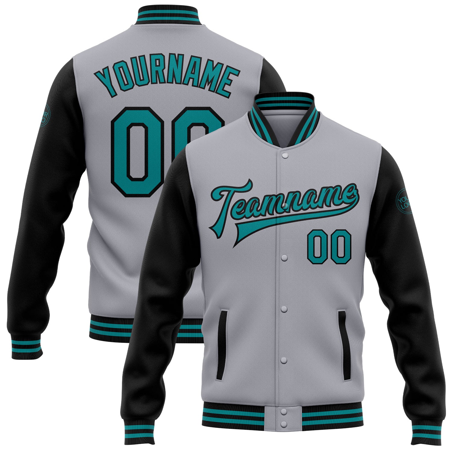 Custom Two Tone Bomber Jacket with Name and Number - Personalized Gray Teal-Black Varsity Full-Snap Letterman Jacket Personalized