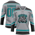 Custom Name and Number Hockey Jersey in Gray Teal-Black with Lace Neck Personalization Personalized Gray Teal-Black Hockey