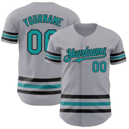 Custom Name and Number Authentic Baseball Jersey - Personalized Gray Teal-Black Line Team Gear Personalized Gray Teal-Black