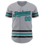 Custom Name and Number Authentic Baseball Jersey - Personalized Gray Teal-Black Line Team Gear Personalized Gray Teal-Black