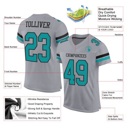 Customizable Gray Teal-Black Authentic Football Jersey with Personalized Name and Number - Team Spirit Gear Personalized