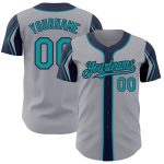 Custom Name and Number Baseball Jersey - Personalized Gray Teal Navy - Authentic Team Jersey with 3 Color Arm Shapes Personalized