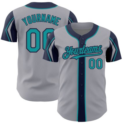 Custom Name and Number Baseball Jersey - Personalized Gray Teal Navy - Authentic Team Jersey with 3 Color Arm Shapes Personalized