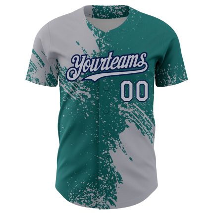 Custom 3D Pattern Baseball Jersey - Personalized Gray Teal-Navy Brush Stroke Design with Name and Number Personalized Gray