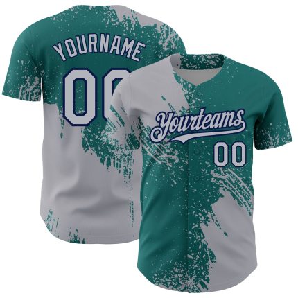 Custom 3D Pattern Baseball Jersey - Personalized Gray Teal-Navy Brush Stroke Design with Name and Number Personalized Gray