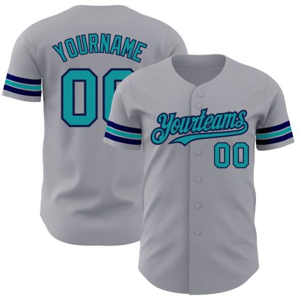 Custom Name and Number Personalized Baseball Jersey - Gray Teal-Navy Authentic Team Apparel Personalized Gray Teal-Navy Authentic