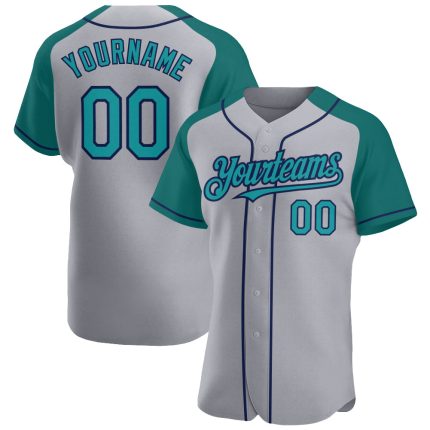 Custom Name and Number Personalized Baseball Jersey Gray Teal-Navy Authentic Raglan Sleeves Personalized Gray Teal-Navy Authentic