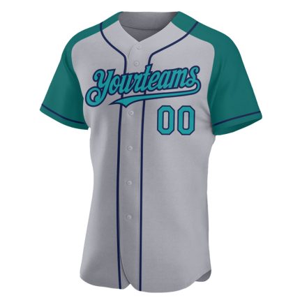 Custom Name and Number Personalized Baseball Jersey Gray Teal-Navy Authentic Raglan Sleeves Personalized Gray Teal-Navy Authentic