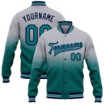 Personalized Custom Name and Number Gray Teal Navy Bomber Varsity Letterman Jacket Full-Snap Fashion Personalized Gray Teal-Navy