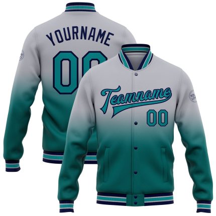Personalized Custom Name and Number Gray Teal Navy Bomber Varsity Letterman Jacket Full-Snap Fashion Personalized Gray Teal-Navy